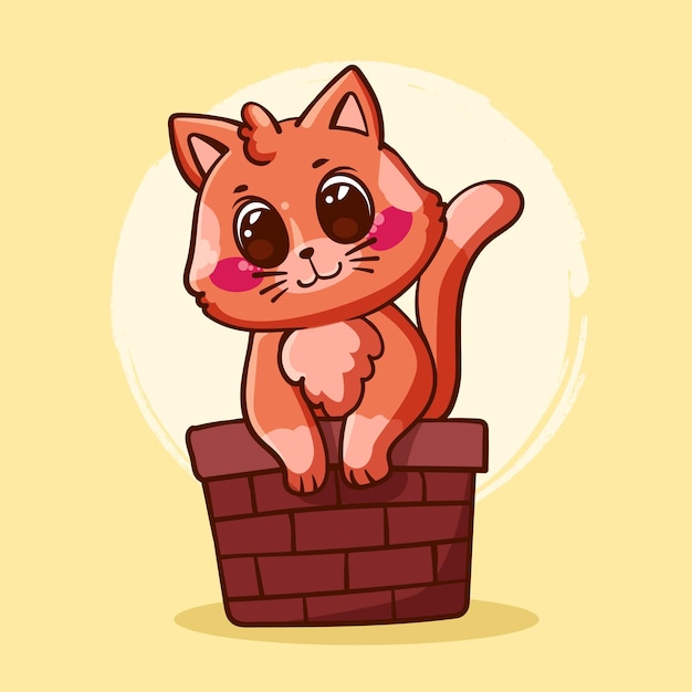 Cute cat on chimney flat animal cartoon style
