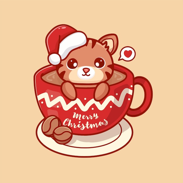 Cute cat christmas in coffee mug illustration for card. Merry Christmas greeting text. Kawaii style
