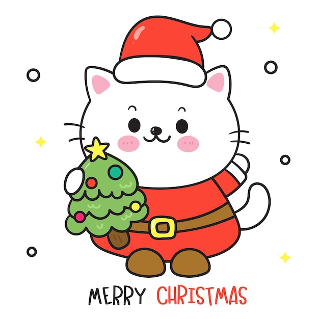 Vector cute cat christmas with x mas tree card kawaii kitten baby animal