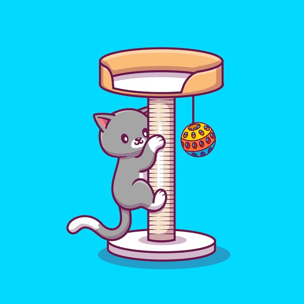 Cute Cat Clambing And Playing Ball Cartoon   Icon Illustration. Animal Icon Concept Isolated  . Flat Cartoon Style