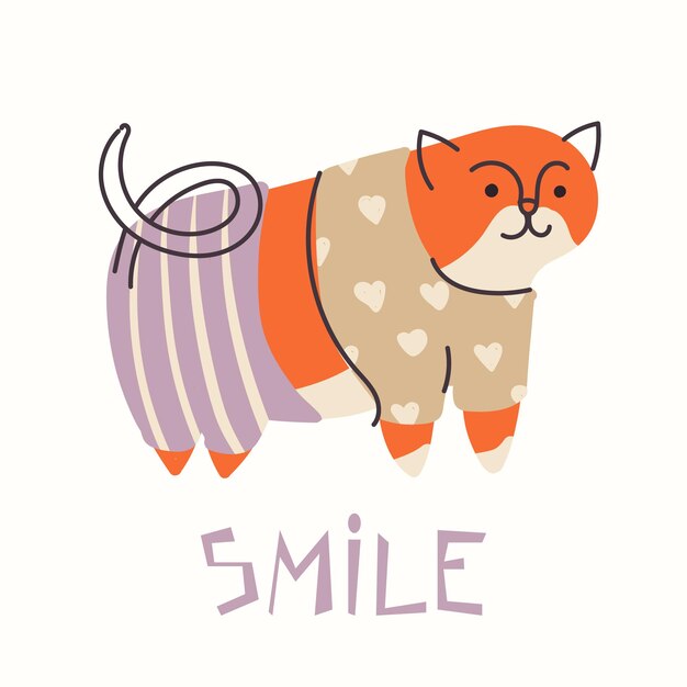 Cute cat in clothes, smile. Hand draw doodle illustration