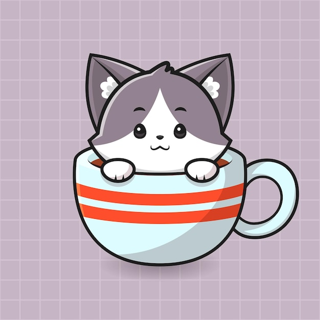 Cute cat su una tazza di caffè isolato cartone animato animale illustrazione stile piatto icona adesivo vettore