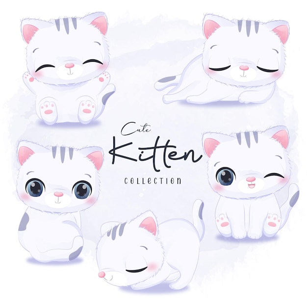 Cute Cat Collection in watercolor illustration