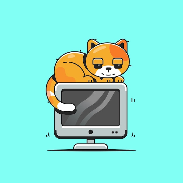 Simpatico gatto sul personaggio dei cartoni animati di computer. tecnologia animale isolata.