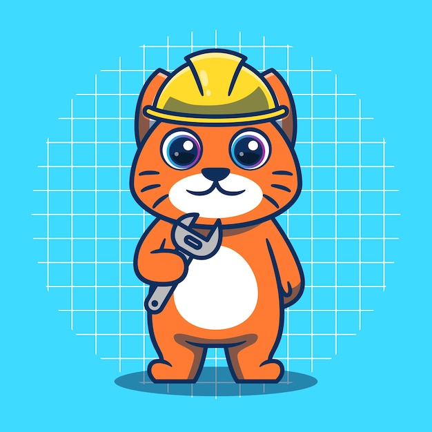 Cute cat in construction hat and holding wrench vector illustration