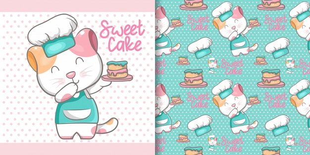 Cute cat cooking seamless pattern and illustration card