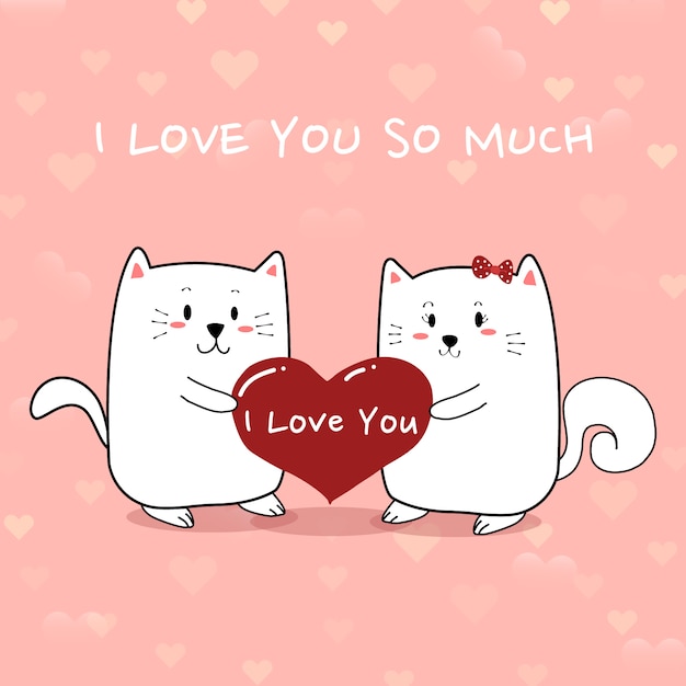 Cute cat couple cartoon hand draw for valentine's day.