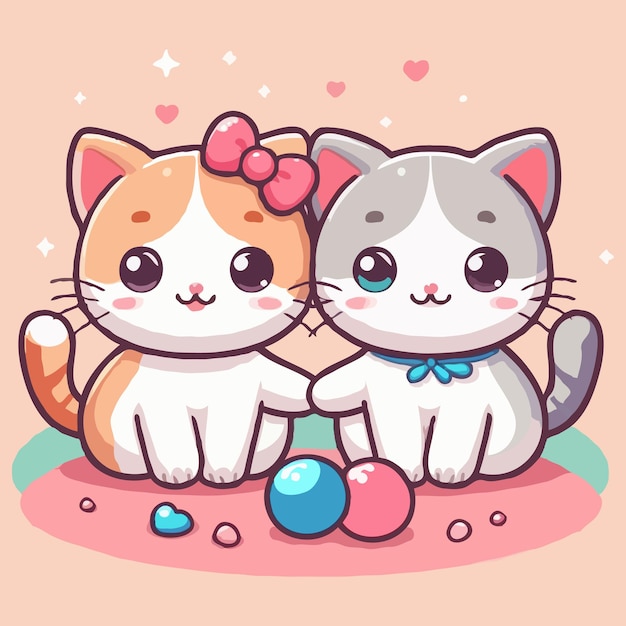 Cute Cat Couple Friend Cartoon Vector Icon Illustration