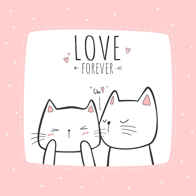 Cute cat couple kissing cartoon doodle card