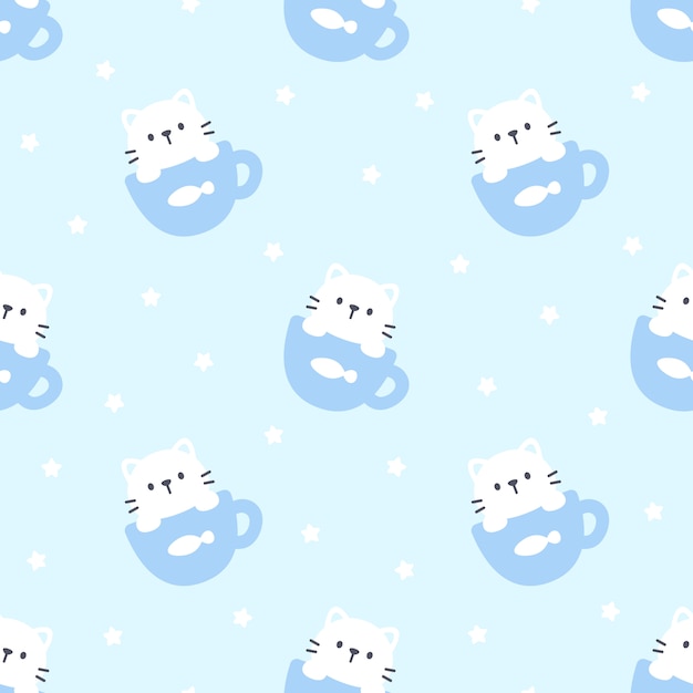 Cute cat in a cup of coffee seamless pattern background