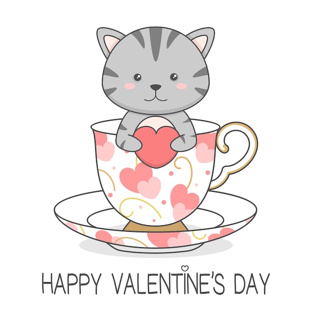 Simpatico gatto in una tazza che tiene il cuore il giorno di san valentino