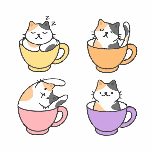 Gatto sveglio in una tazza della raccolta disegnata a mano del fumetto del tè