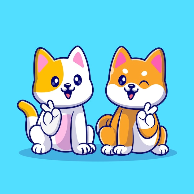 Vector cute cat and cute shiba inu dog sitting with peace hand cartoon vector icon illustration. animal