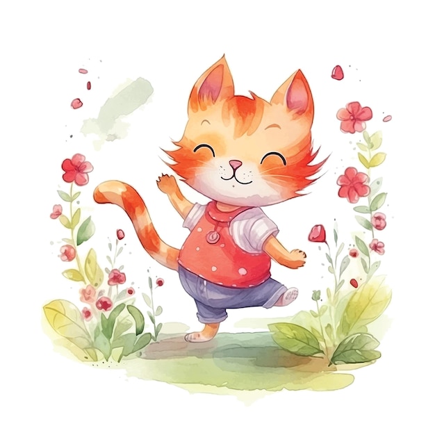 정원 수채화 물감에 귀여운 고양이 춤