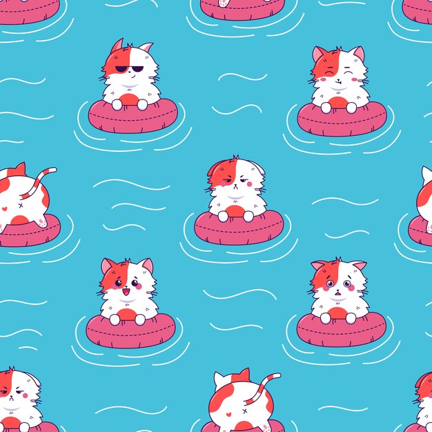 Cute cat different emotion on rubber ringon blue sea water  Kawaii seamless pattern