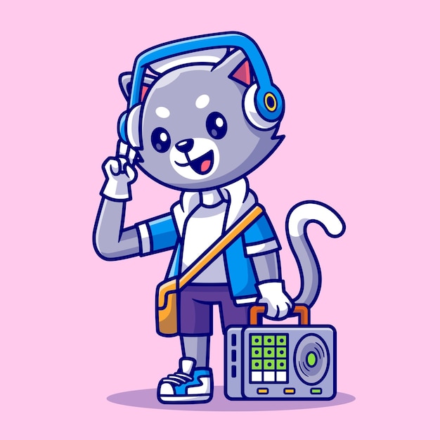 Cute cat dj playing music cartoon vector icon illustration animal music icon concept isolated flat