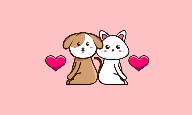 Cute cat and dog friend cartoon vector illustration Animal friend icon concept