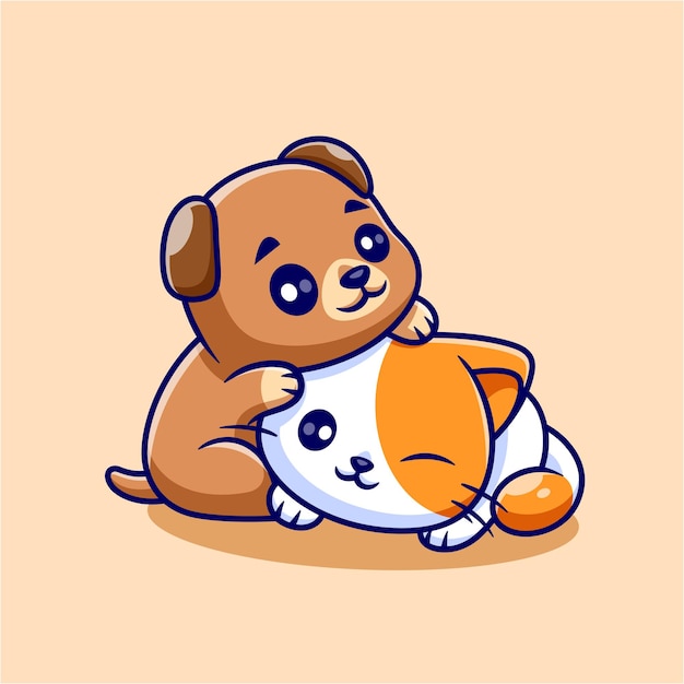 Милая кошка и собака играют вместе мультфильм Векторная икона Иллюстрация Животная природа Изолированная плоскость