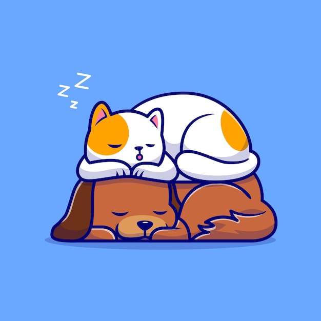 かわいい猫と犬が一緒に寝ている漫画イラスト