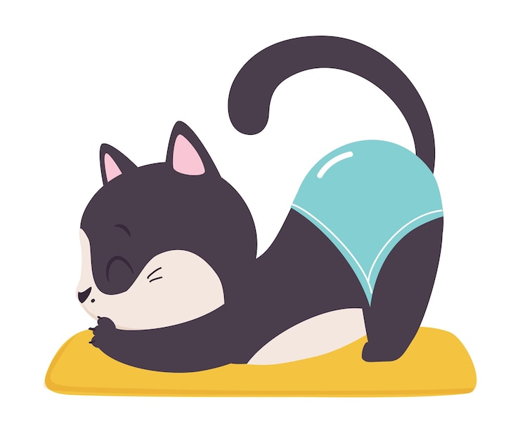 Vector cute cat doing stretching yoga exercise adorable animal practicing yoga cartoon vector illustration