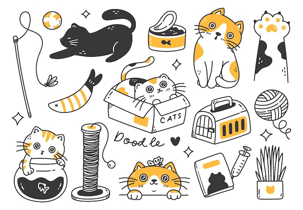 Cute cat doodle line art in diverse pose