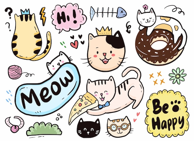 Vector cute cat doodle playing with pizza and doughnut collection set