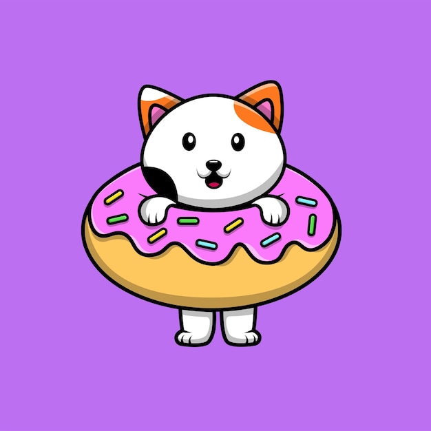 Vector cute cat on doughnut cartoon vector icon illustration