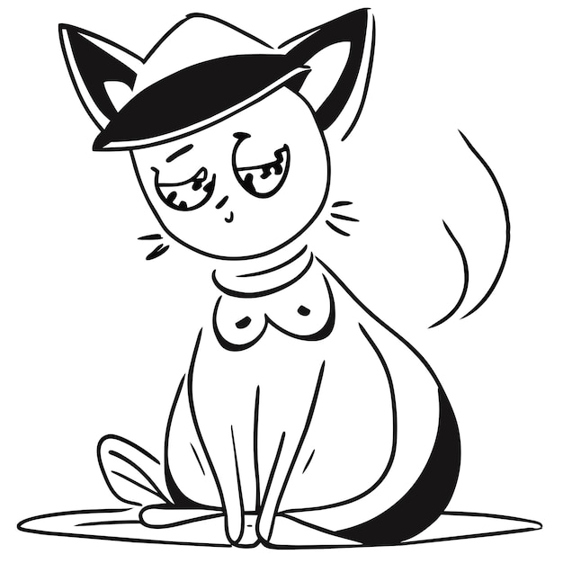 Vettore disegno di gatto carino con cappello di streghe disegnato a mano adesivo a cartone animato icon concept illustrazione isolata