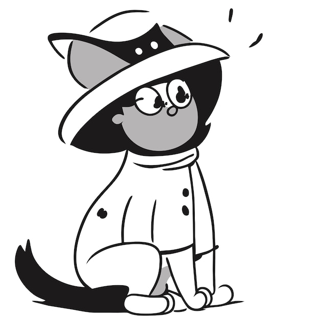 Милый рисунок кошки с шляпой ведьмы, нарисованный вручную, наклейка на мультфильме, икона, концепция, изолированная иллюстрация