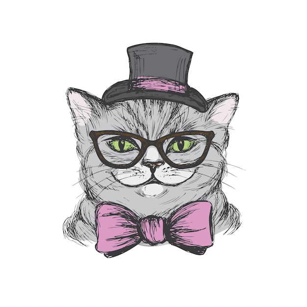 Vettore simpatico gatto vestito con cravatta e occhiali. design della maglietta disegnata a mano o illustrazione vettoriale del biglietto di auguri