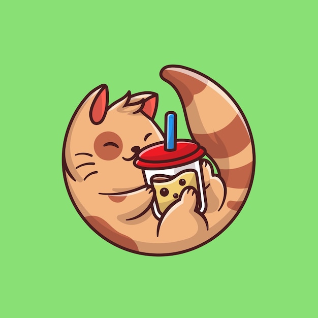 Cute Cat Drink Boba Milk Tea Cartoon   Icon Illustration. Animal Drink Icon Concept Isolated  . Flat Cartoon Style