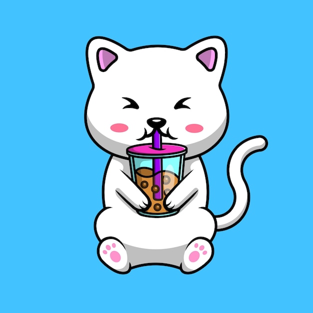 Vector cute cat drink boba milk tea cartoon vector icon illustration