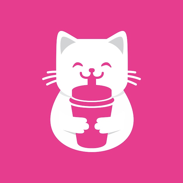 Cute Cat Drink Logo Design On Pink Background