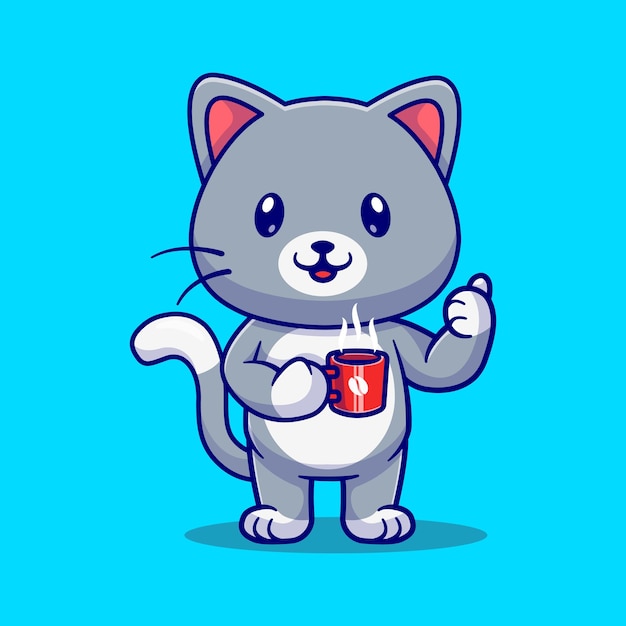 Cute cat drinking coffee cartoon vector icon illustration. animal drink icon concept isolated flat.