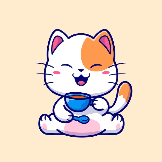 Cute Cat Drinking Coffee In Cup Cartoon Vector Icon Illustration. Animal Drink Icon Concept Isolated