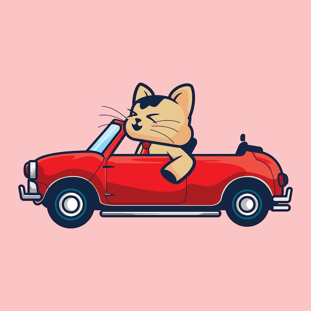 Vettore simpatico gatto alla guida di un'auto kawaii fumetto illustrazione