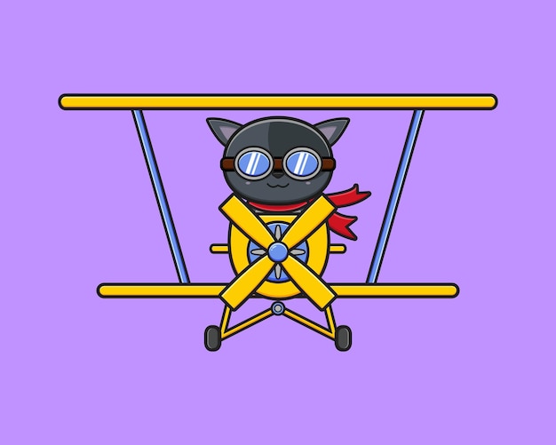 Cute cat driving a plane cartoon icon illustration. design isolated flat cartoon style