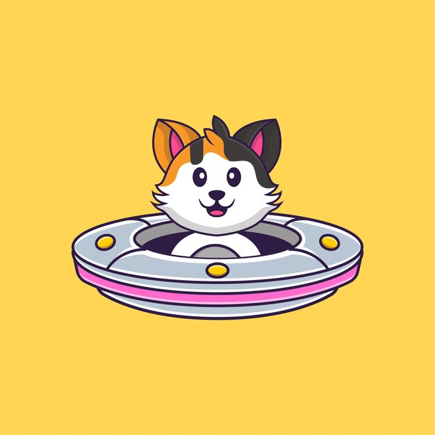 かわいい猫の運転宇宙船ufo。分離された動物漫画の概念。