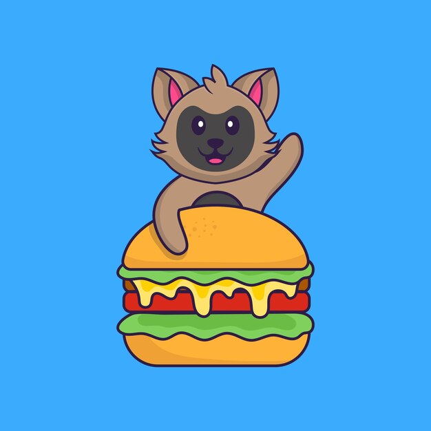 Cute cat eating burger animal cartoon concept isolated