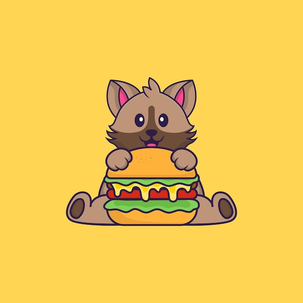 Cute cat eating burger. Animal cartoon concept isolated.