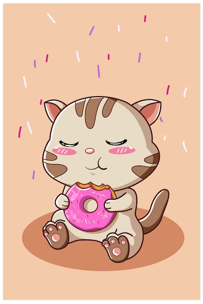 Simpatico gatto che mangia una ciambelle isolato su beige