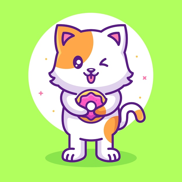 Cute Cat eating doughnut Animal Pet Logo Vector Icon Illustration in Flat Style