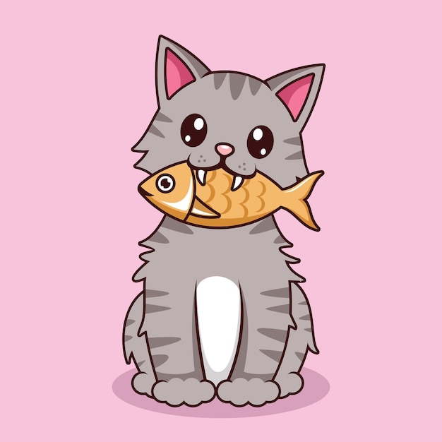 Vector cute cat eating fish cartoon vector illustration