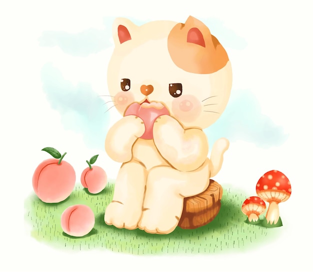 Cute cat eating peaches drawn with digital paint techniques.