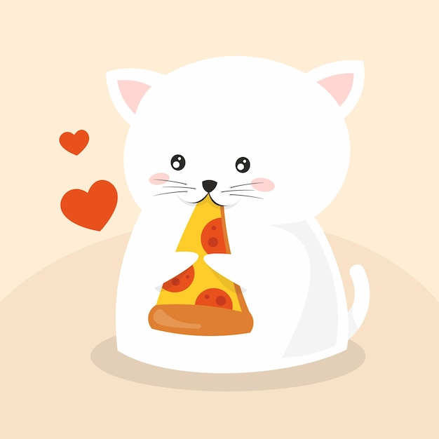 평면 디자인에 페퍼로니 피자를 먹는 귀여운 고양이
