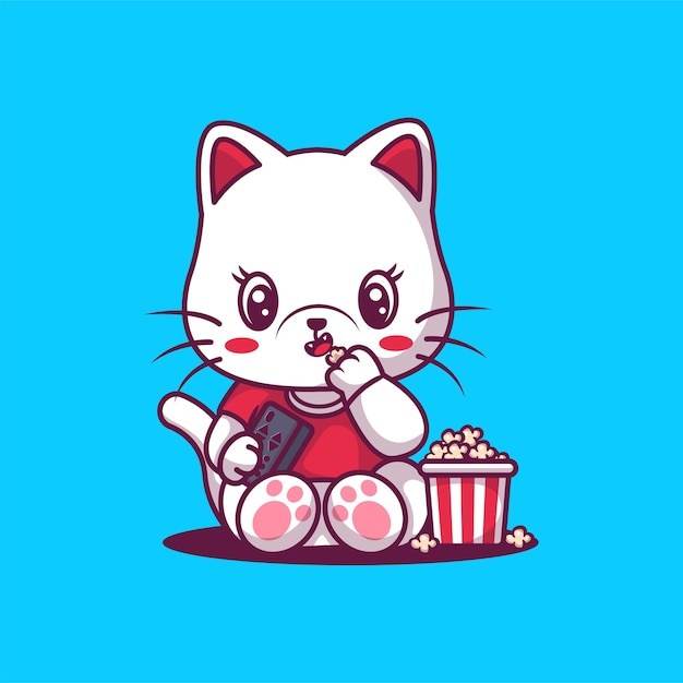 팝콘 그림을 먹는 귀여운 고양이.