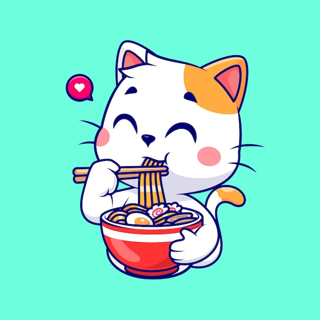 かわいい猫を食べるラーメン漫画ベクトル アイコン イラスト動物食品アイコン コンセプトが分離されました