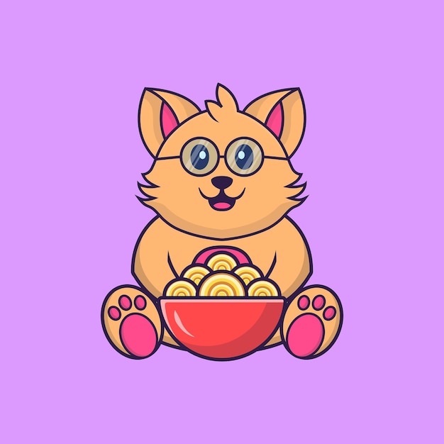 Cute cat eating ramen noodles. animal cartoon concept isolated. flat cartoon style