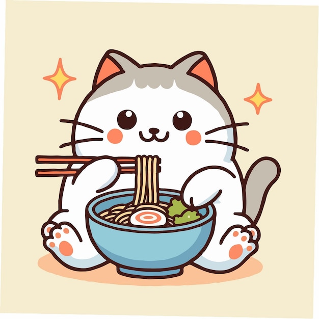 ラーメンヌードルを食べている可愛い猫のアニメキャラクター