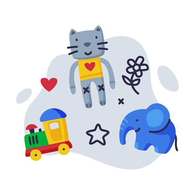 Cute Cat Elephant and Train Baby Toys Set Kids Game Various Objects Cartoon Vector Illustration